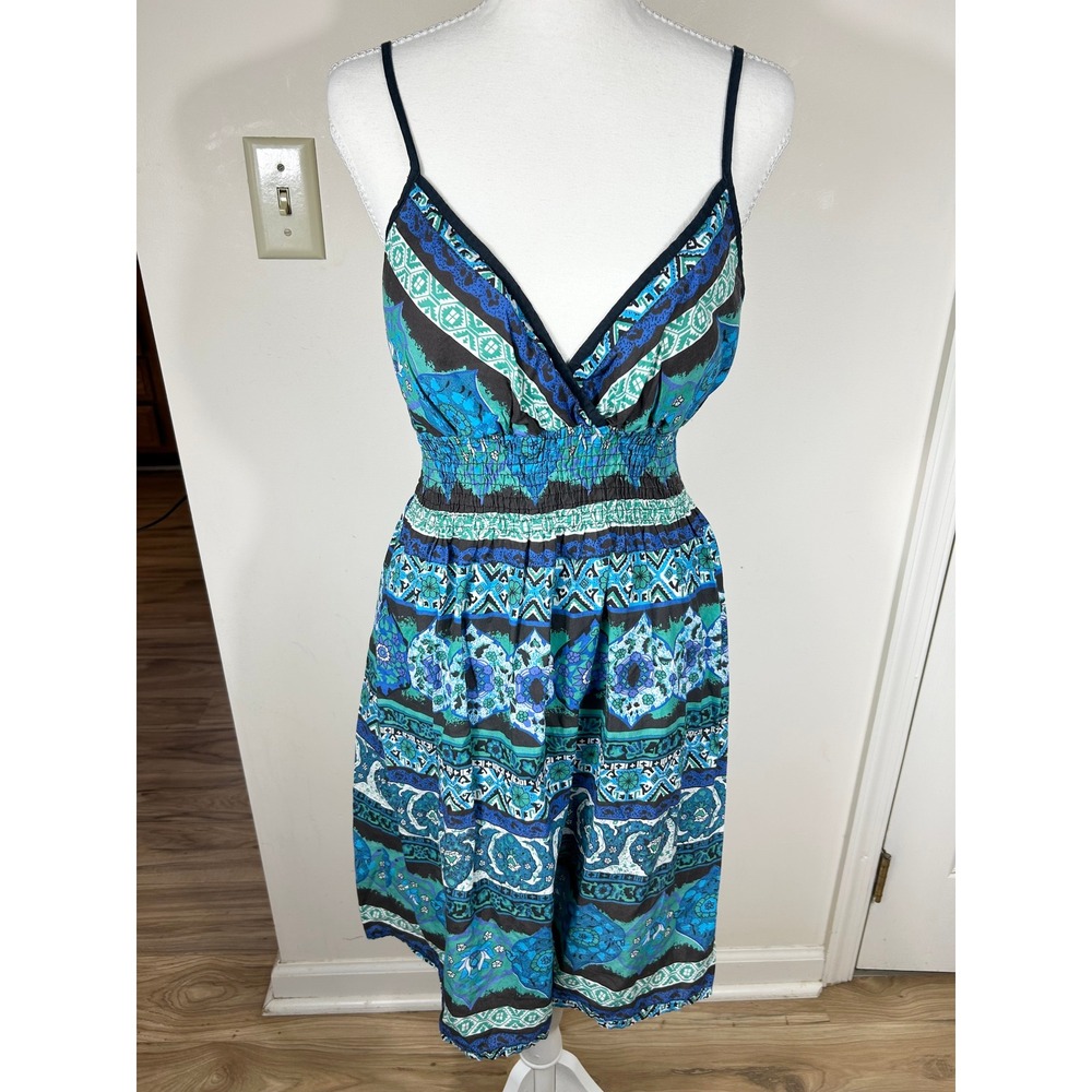 Y2K SHE'S‎ COOL Sun Dress Women's L Blue Green BOHO Smocked Empire Waist Fairy